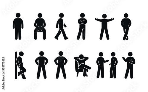 Collection of diverse stick figure poses representing various human activities and emotions