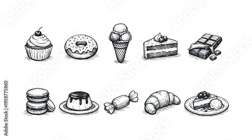 Hand-drawn collection of delicious desserts and sweets in a sketch style