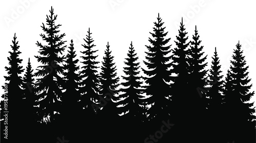 Fir Tree Silhouette Set Featuring Forest Landscape Elements Isolated on White Background for Nature Design, Evergreen Trees, Woodland Scene and Minimalist Vector Illustration