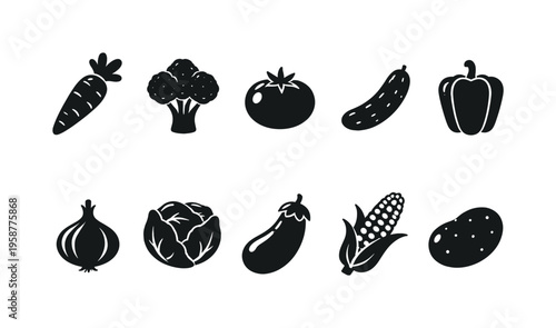 Collection of simple black and white vegetable icons arranged in two rows