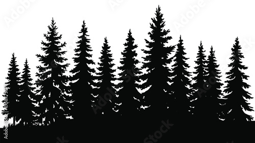 Fir Tree Silhouette Set Featuring Forest Landscape Elements Isolated on White Background for Nature Design, Evergreen Trees, Woodland Scene and Minimalist Vector Illustration