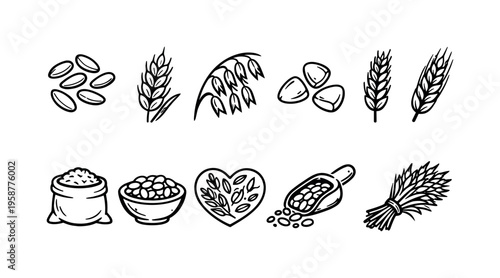 Collection of hand-drawn icons representing various grains and agricultural products
