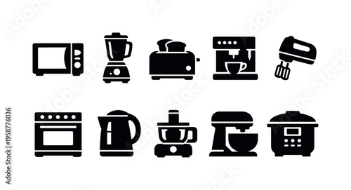 Collection of black kitchen appliance icons on a white background