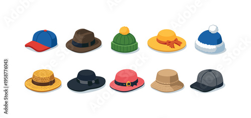 Collection of diverse hat styles in isometric view on a white background