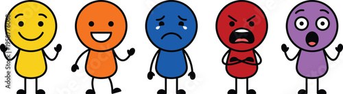 Colorful stick figures representing a wide array of human feelings joy, contentment, sorrow, rage, and astonishment, providing a simple yet effective visual communication of emotional states