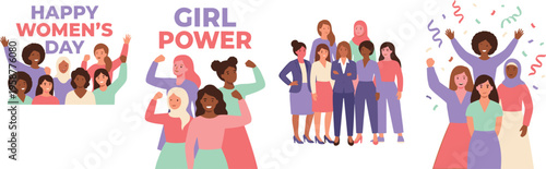Celebrating the collective strength and empowerment of diverse women, showcasing unity and advocating for gender equality through vibrant illustrations