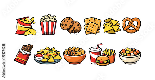 Collection of popular snack foods and fast food items arranged in rows