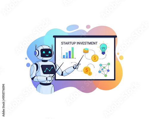AI robot presenting startup investment strategy on whiteboard, artificial intelligence pitching business funding ideas with money and lightbulb icons, flat vector financial concept of venture capital.