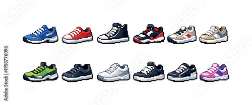 Collection of pixel art sneakers in various colors and styles for digital design