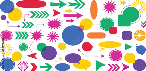 A vibrant collection of colorful geometric shapes, arrows, and starbursts, perfect for design elements and infographics