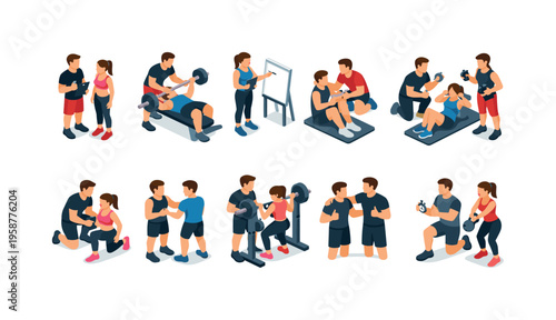 Personal trainers guiding clients through various fitness exercises and workouts