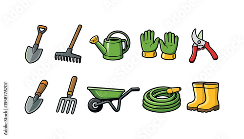 Collection of cartoon gardening tools and equipment for outdoor work