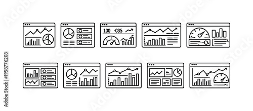 Collection of dashboard interface icons representing data analytics and performance metrics
