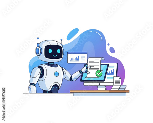 AI robot verifying business data on computer screen, automated document approval with checkmark, artificial intelligence financial auditing and analytics concept, flat vector illustration.