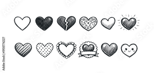Collection of hand-drawn heart icons with diverse styles and textures