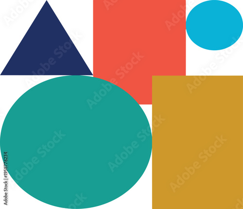 Abstract graphic design composition featuring an interplay of colorful geometric shapes like circles, squares, and a triangle, creating a modern and dynamic visual aesthetic