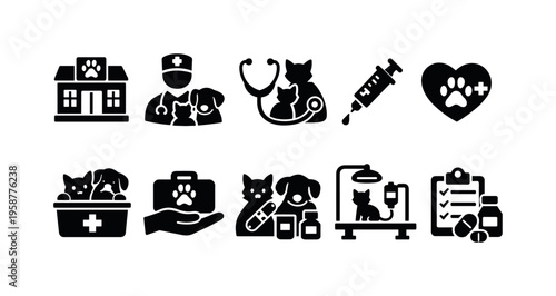 Veterinary clinic icons collection for animal care and medical services