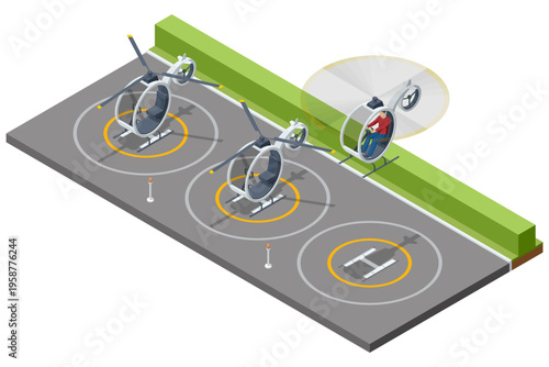 Isometric mini helicopter parking area with light rotor aircraft on marked pads, one pilot inside the cockpit Urban air mobility scene shows helipad service, private aviation, transport infrastructure