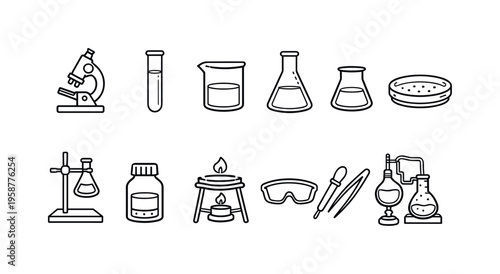 Collection of simple line art icons representing laboratory equipment and scientific research tools