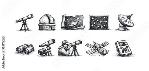Collection of hand-drawn astronomy and space exploration icons