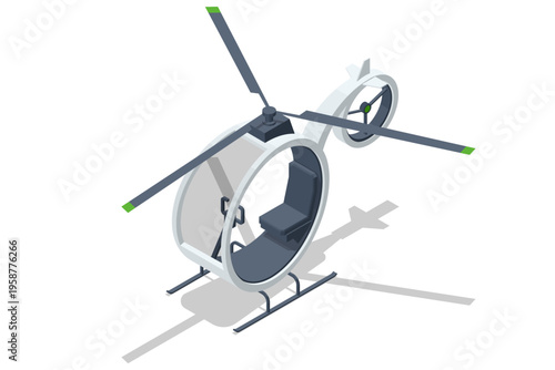 Isometric mini helicopter isolated on background. Compact rotor aircraft with cockpit and landing skids represents private aviation, light transport, urban mobility, pilot training and air vehicle