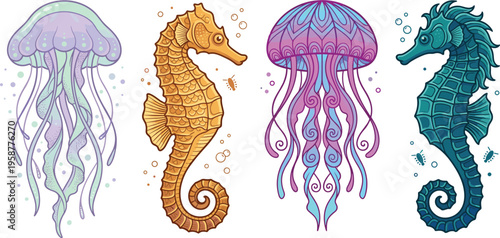 Whimsical Underwater Duo Jellyfish and Seahorse Illustrations