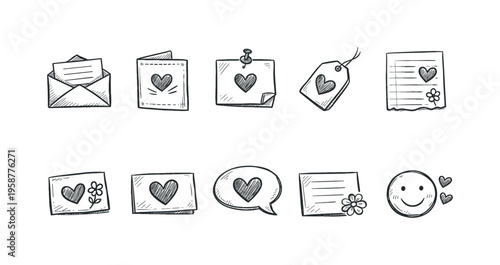 Hand-drawn icons of hearts, envelopes, and notes for expressing love and communication