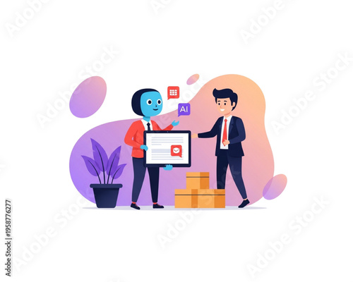 AI Robot Logistics Assistant: Automated Supply Chain Management. Human Manager & Cyborg Collaborating on Order Fulfillment, Email Tracking & Delivery Boxes. Flat Vector Illustration.