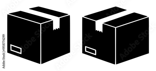 Two black boxes with white tape on them, seen from different angles
