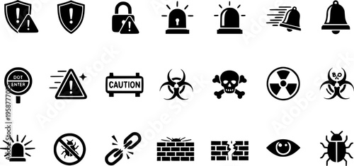 Icons representing various alert and notification symbols for security and warnings