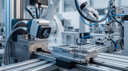 Industrial machine vision camera scanning product on assembly line