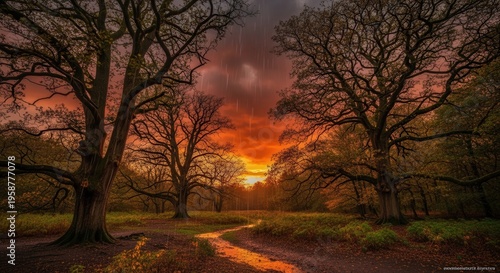 Serene Autumn Forest Scene with Sunset Sky and Leafless Trees