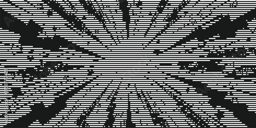 Abstract background with horizontal lines and radial burst effect, glitch style pattern, monochrome digital texture