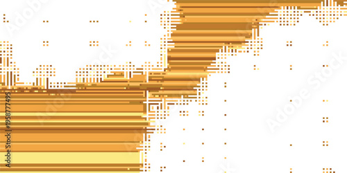 Abstract digital glitch art background with horizontal yellow and orange stripes and pixelated noise texture