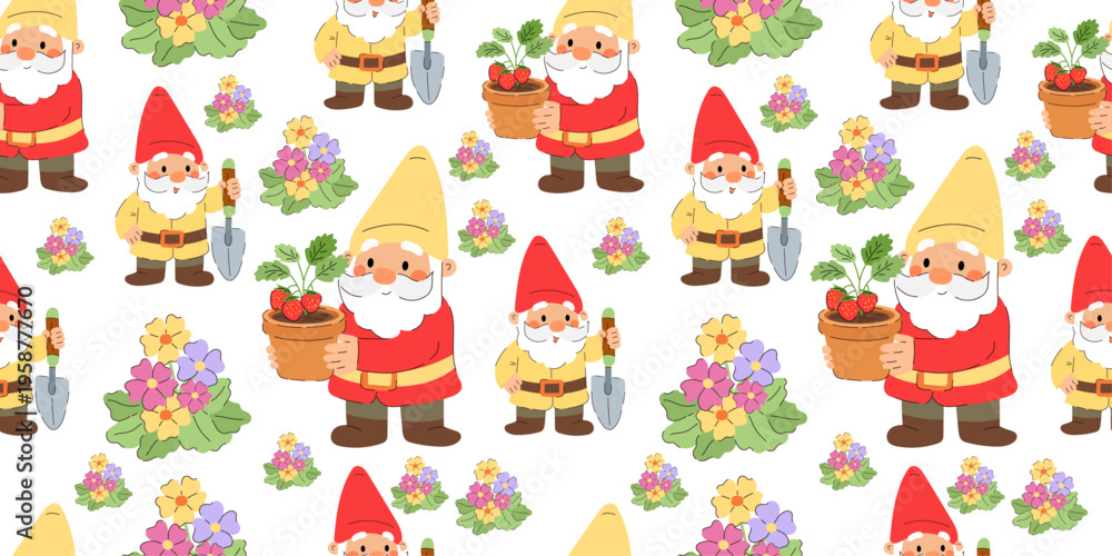 Fototapeta premium Seamless pattern with cute garden gnomes, flowers and potted strawberry plants. Friendly cartoon gnome characters with gardening tools, blooming floral bouquets and berry pots arranged 