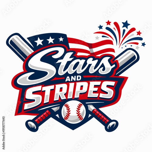 Stars And Stripes Baseball Emblem With Crossed Bats American Flag And Fireworks In Bold Patriotic Vector Logo Design Celebrating National Pride And Sporting Spirit