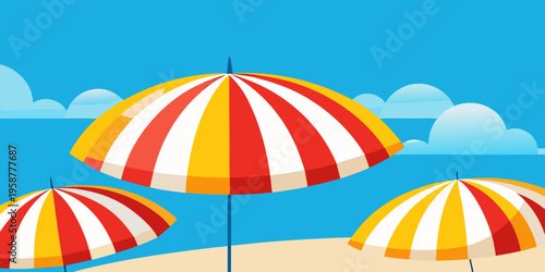 Creative summer holiday concept with bright striped yellow and red beach umbrellas against clear blue sky. Trendy summer design for poster, cover, ads, web banner or header
