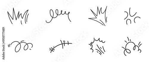 Hand Drawn Cartoon Motion Lines – Doodle Effect Elements, Arrows, Sparkles, and Anime Expression Vector Illustration