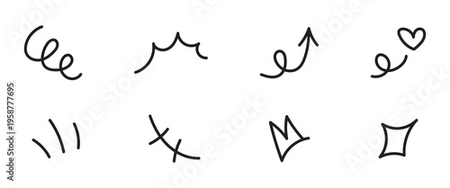 Hand Drawn Cartoon Motion Lines – Doodle Effect Elements, Arrows, Sparkles, and Anime Expression Vector Illustration