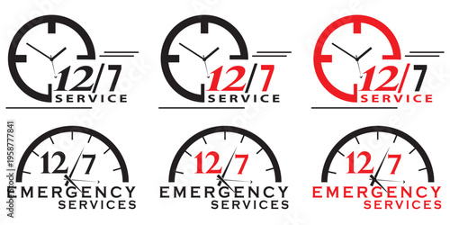 12 hours service icon vector set. Red 12h duration sign. Red 12 hours clock arrow icons, work and delivery time symbols. Red 12hr support sign collection. 12 hours icon vector set. 