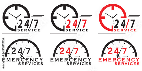 24 hours vector icon set. 24 7 service icon set. 24 hour assistance icons. 24 hours 7 days in week support icons. Vector Illustration.
