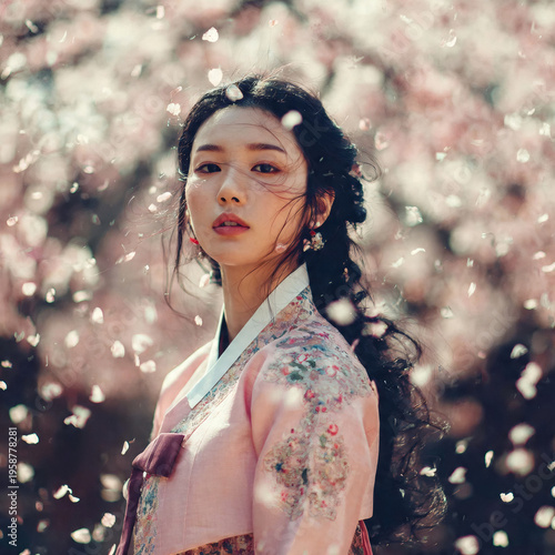 A stunning Korean beauty woman with flawless porcelain skin, delicate features, and glossy black hair cascading down her back, wearing a modernized hanbok with elegant embroidery, standing in a tradit
