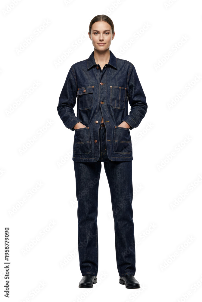 Fototapeta premium Woman in dark blue denim utility jacket and jeans isolated. Workwear fashion outfit.