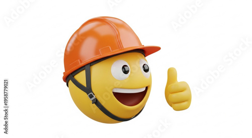Smiling construction worker emoji with hard hat giving thumbs up — 3D safety helmet emoticon for approval