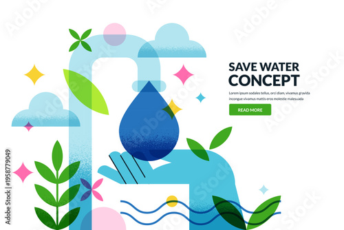 Hand holding water drop under tap. Vector environmental illustration. Clean water conservation, resource saving concept