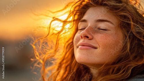 A peaceful young woman greets the sunrise, tasting joy and gratitude as the arms of nature enfold her