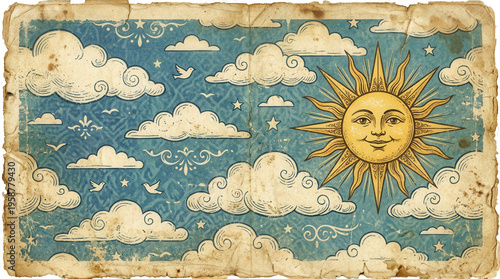 Vintage Sun and Cloud Illustration with Artistic Texture for Creative Design