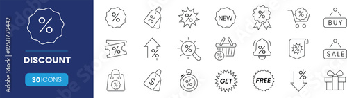Discount set of web icons in line style. Shopping and e-commerce linear icon collection. Containing label, price tag, coupon, sale promotion, offer, credit, price card and more.