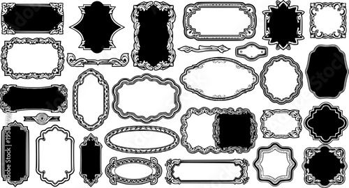 Assortment of black ornamental frames and labels with varied shapes border decorative