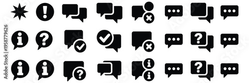 Speech Bubble and Chat Icon Collection with Communication Symbols, Question Marks, Check Marks and Notification Elements for Messaging Apps, UI Design, Customer Support and Vector Graphics